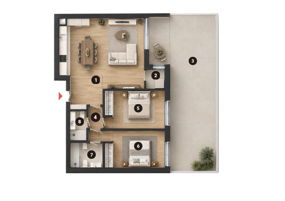 Planta tipo T2 — variante com terraço (piso 1), blend.05